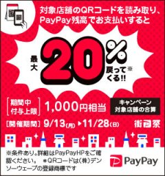 11月28日まで PayPayで20%戻ってくる！